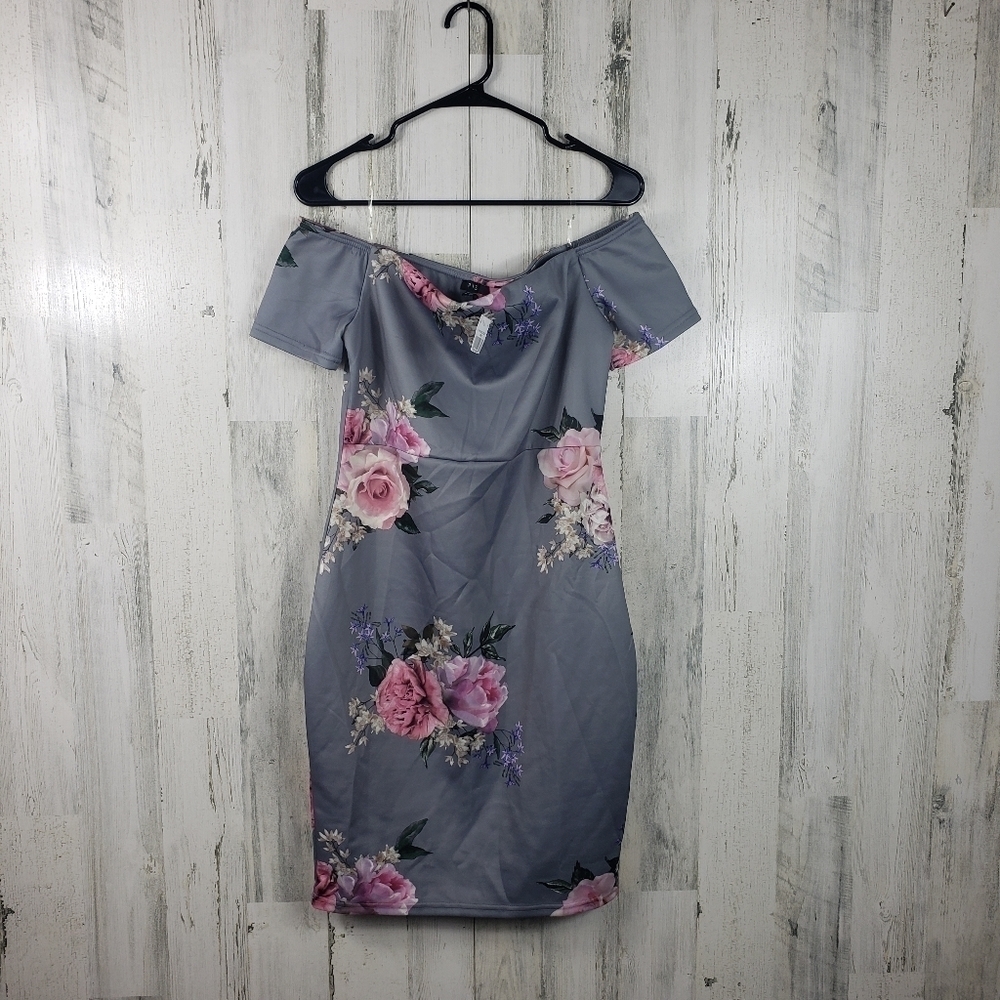 New iris gray rose odd the shoulder midi dress women's size large